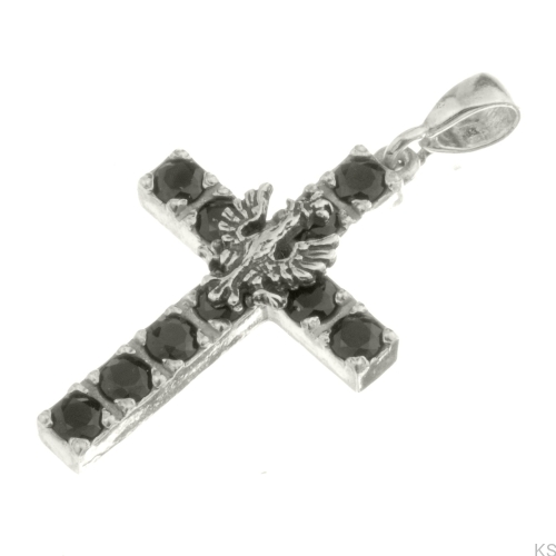 Srebrny krzyżyk patriotyczny 925 z orłem i czarnymi cyrkoniami – symbol powstania styczniowego