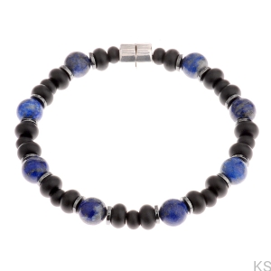 Srebrna bransoletka Onyks, Hematyt i Lapis Lazuli 8 mm, zapięcie magnetyczne 925