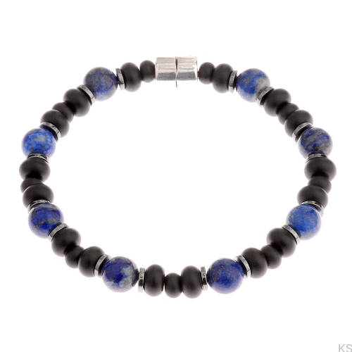 Srebrna bransoletka Onyks, Hematyt i Lapis Lazuli 8 mm, zapięcie magnetyczne 925